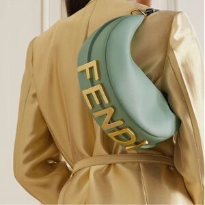 100% Authentic Fendi Fendigraphy Leather Hobo Purse Bag Light Blue Small